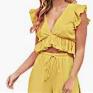 2 Pieces Outfits V Neck Crop Top Side Slit Drawstring Wide Leg Pants